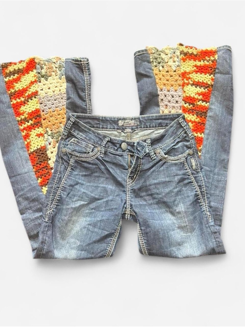 Silver Jeans Blue Denim Flare with Multicolor Crochet Side Panels